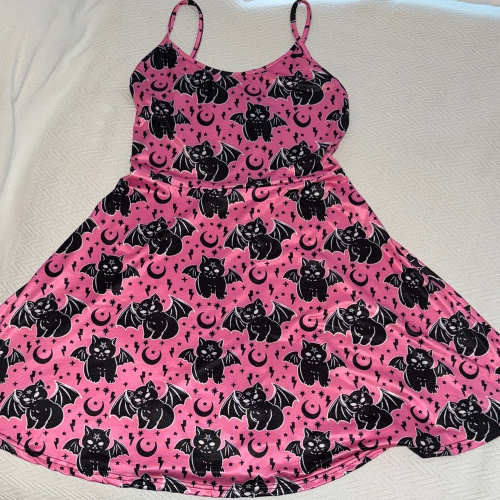 Pink Dress with Black Cat and Moon Print
